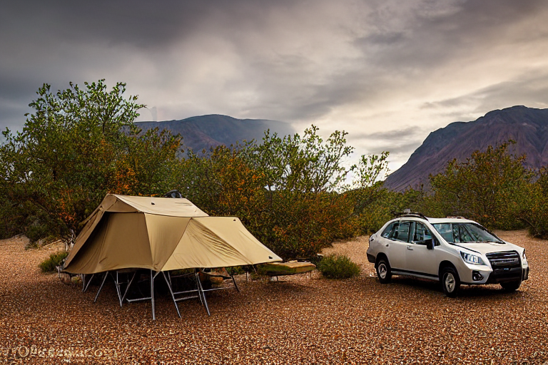 A green and tan Subaru with a rooftop tent rests at a quiet campsite in Death Valley. Tall trees with fall-colored leaves surround a picnic table and a large rock. Soft sunrise light and cloudy skies create a calm, peaceful mood.