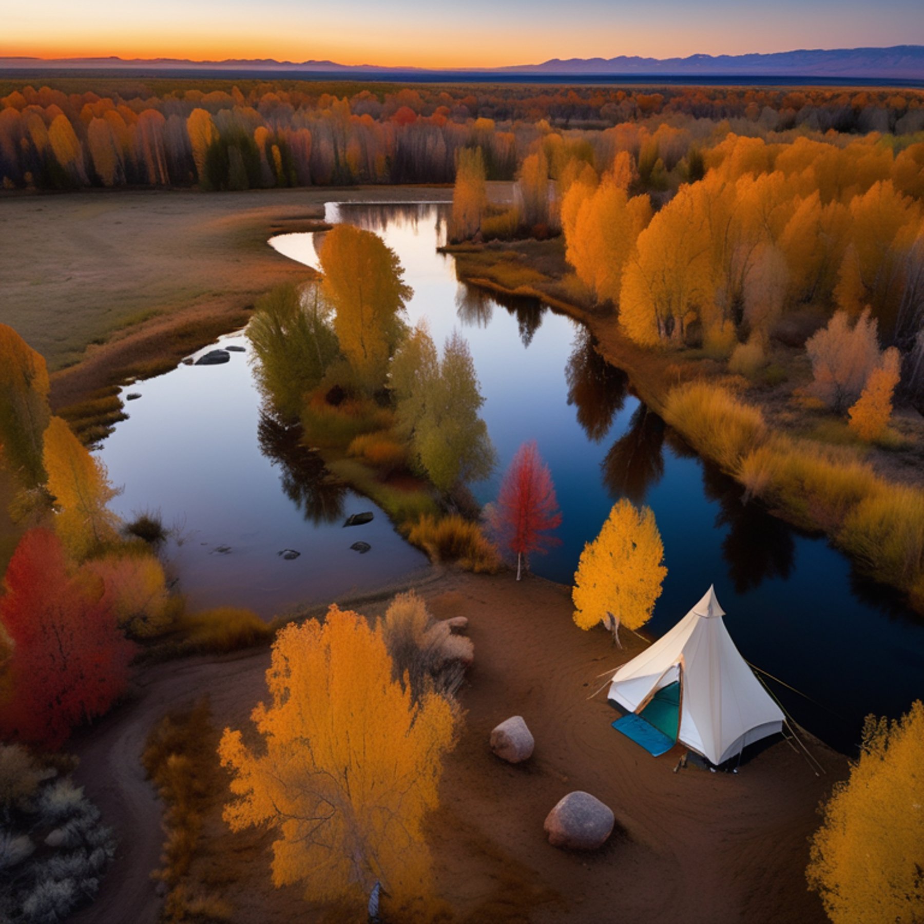 A bright tent rests on a dirt campsite in the Idaho plains as a small stream winds nearby. Golden fall trees, fallen leaves, and light snow create a peaceful scene under the sunset sky.