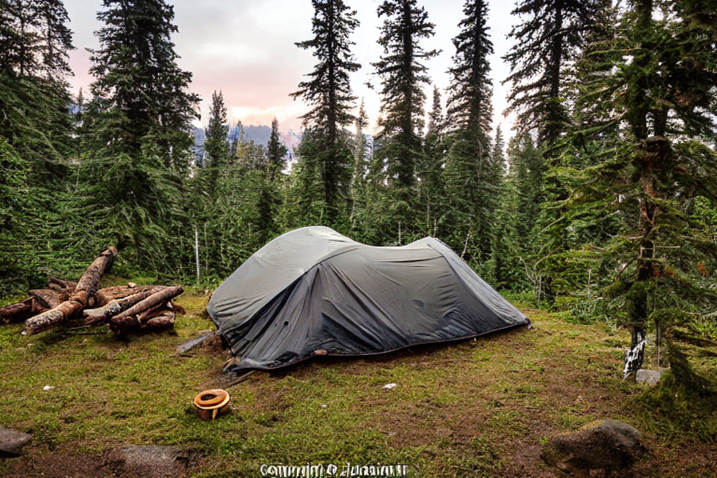 A black tent rests on a quiet dirt campsite in a mossy Washington forest. A clear stream winds through the camp, while a stone-ringed fire glows at sunset. Tall trees and warm light create a peaceful outdoor escape.