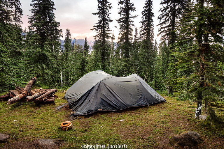 A black tent rests on a quiet dirt campsite in a mossy Washington forest. A clear stream winds through the camp, while a stone-ringed fire glows at sunset. Tall trees and warm light create a peaceful outdoor escape.