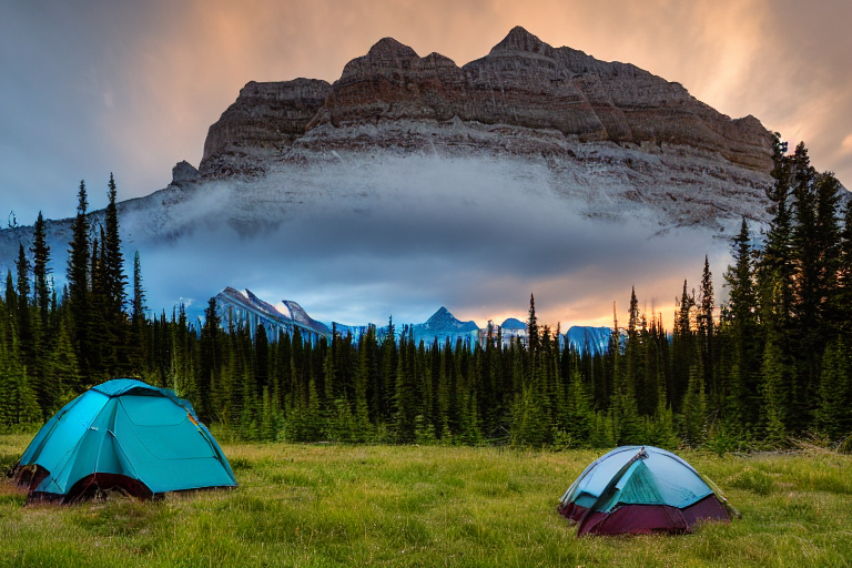 A teal tent rests on a quiet dirt campsite beneath cloudy sunset skies. Rocky mountains rise in the distance, while small trees, scattered stones, and a glowing lantern create a cozy wilderness scene.