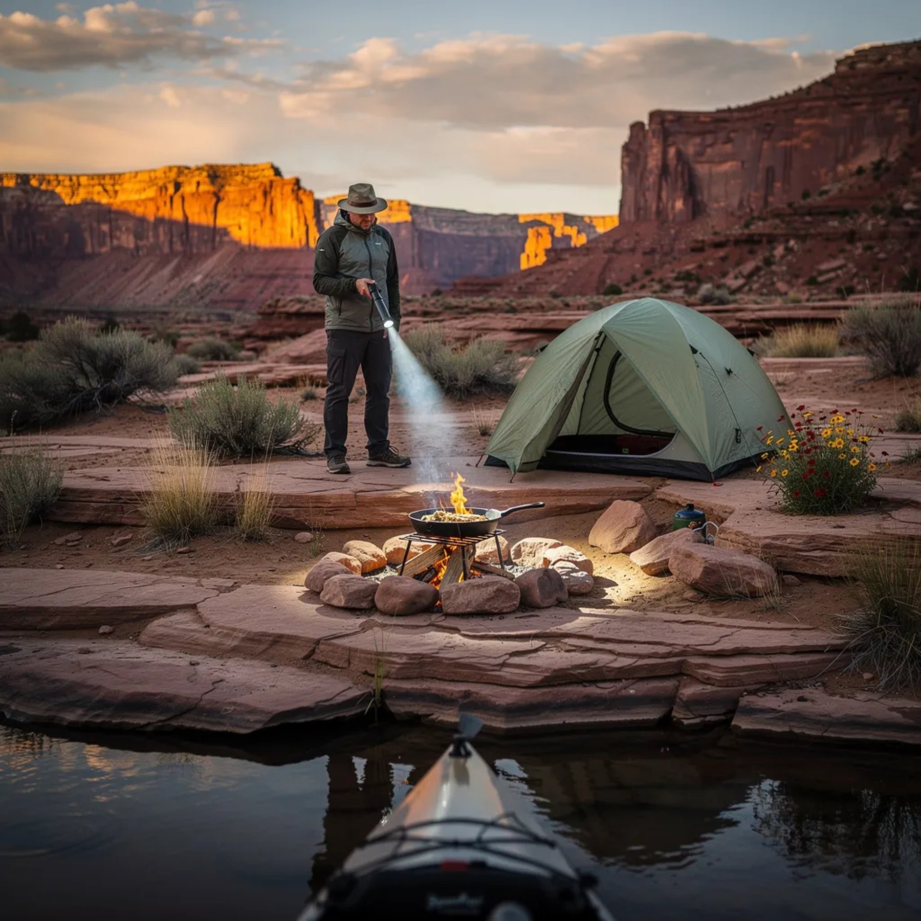 A quiet river slides past a rocky canyon campsite as the sun sets in warm gold. A sage-green bivy sits on flat stone near a small fire, where a skillet warms over glowing logs. In the distance, a lone camper sweeps a flashlight beam across the rocks, and tiny desert flowers peek out beside scrubby bushes.