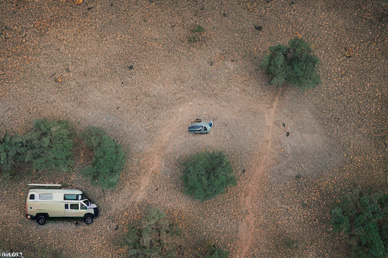 A cozy VW campervan rests on a dirt campsite beneath a star-filled, stormy sky. Fall-colored trees surround the camp, while a backpack sits nearby and a deer watches from the distance.