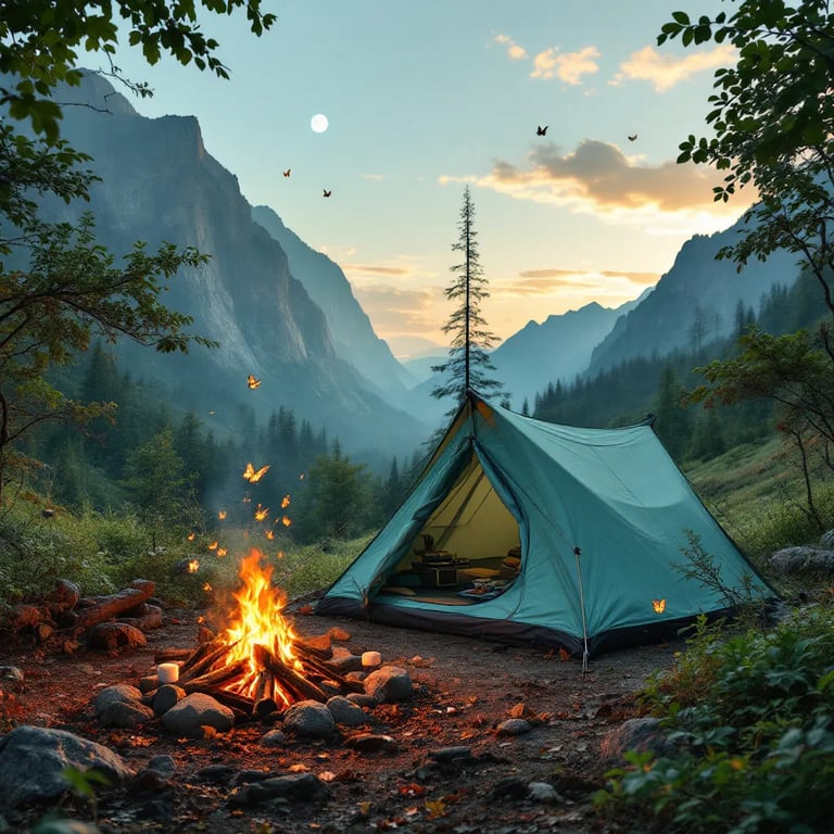 A mint green tent rests in a lush valley beneath a soft evening sky. Nearby, a campfire warms the air as marshmallows roast, while butterflies flutter through the grass. A pale moon rises in the distance.