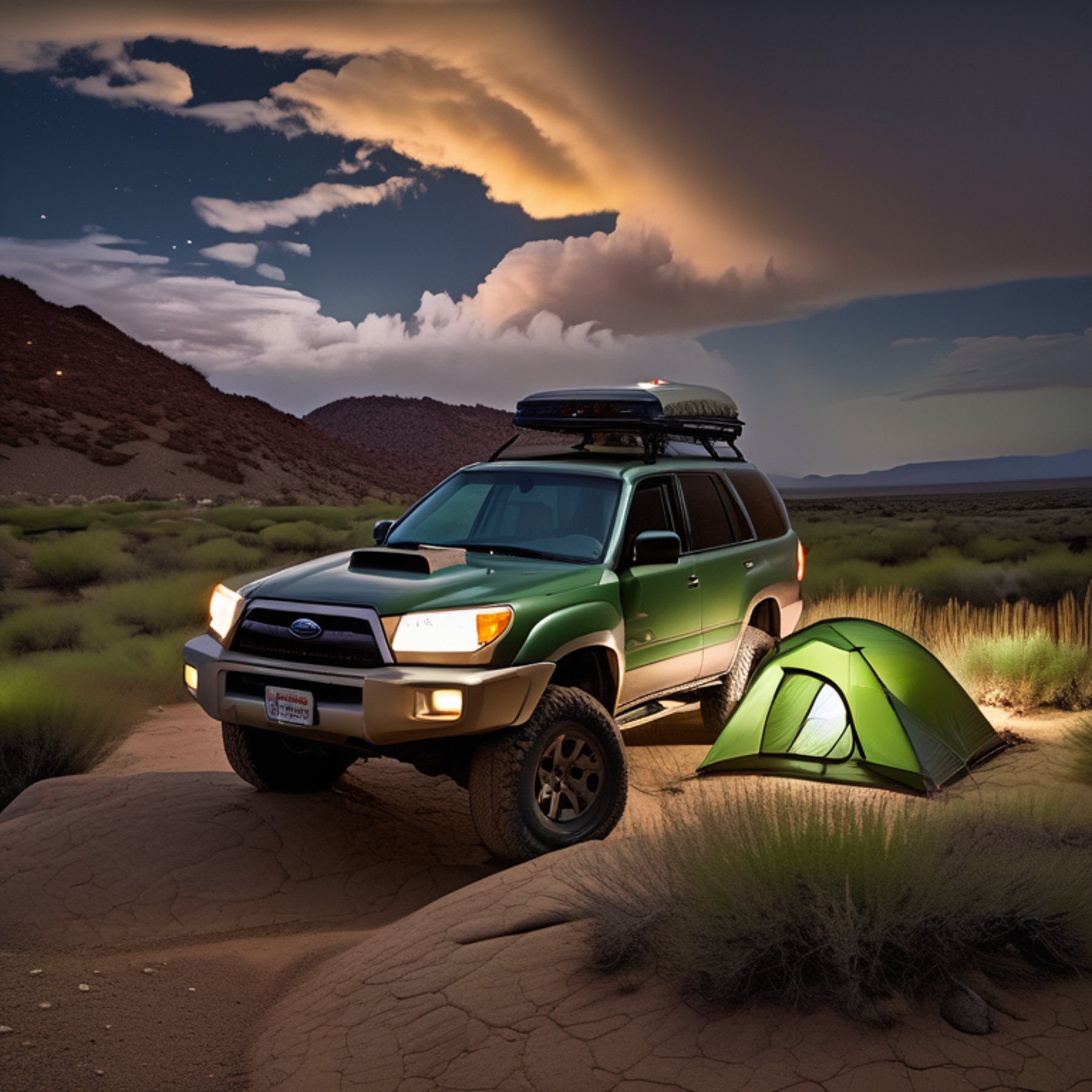 A green and tan Subaru sits on a quiet dirt campsite beside a warm hot spring. Boulders and berry bushes surround the open rooftop tent under a stormy night sky, with the moon glowing in the distance.