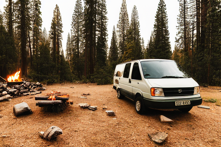 A green camper van rests on a rocky campsite in Yosemite, with a tall mountain rising behind it. A warm campfire glows among the stones, while a wooden guitar waits nearby. Soft fog and golden light give the forest a peaceful, cozy feel.