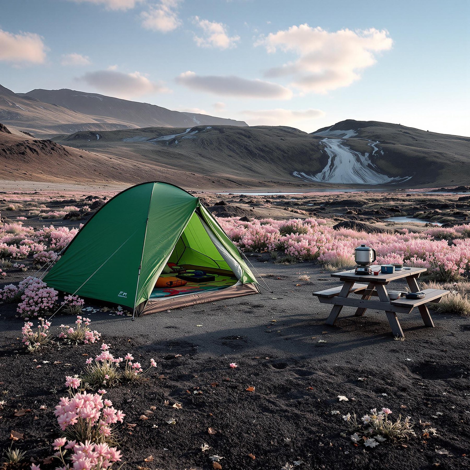 A cozy green tent rests among fields of pink wildflowers under a soft blue sky. The gentle hills in the background add to the peaceful and relaxing atmosphere. It’s the perfect spot to enjoy a warm cup of cocoa at the picnic table nearby.