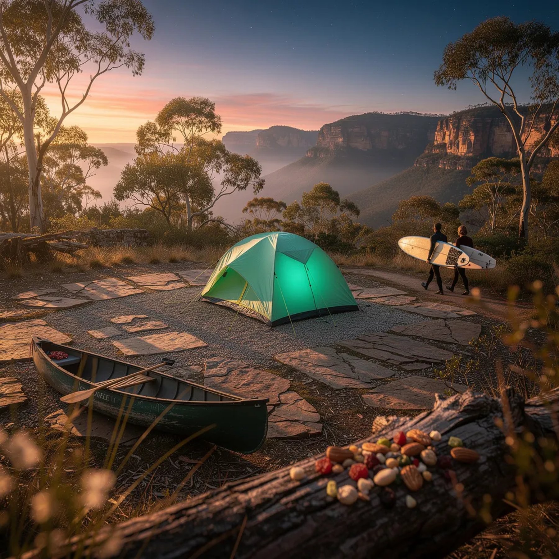 A mint green tent sits in a quiet clearing, surrounded by tall eucalyptus trees as the sun sets over faraway sandstone cliffs. A canoe rests beside the camp, and trail mix is spilled across a log like a tiny feast. Two surfers in wetsuits stroll by with their boards, and the first stars begin to wink in the soft evening sky.