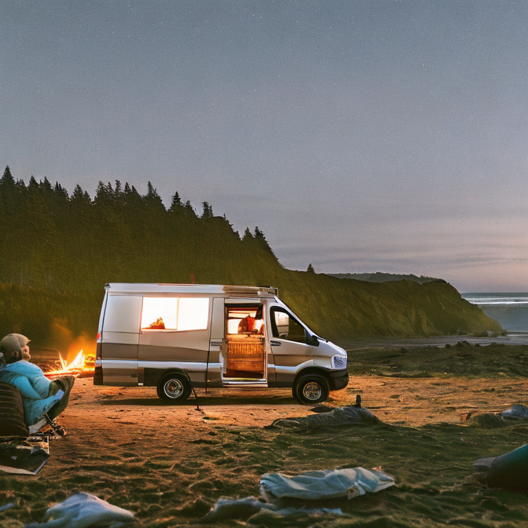 A green camper van rests on a sandy campsite at Cannon Beach as the sky turns soft at dusk. Nearby, a glowing tent, a stone-ringed campfire, and a box of gear create a cozy camp. Surfers move along the clear shoreline in the distance.