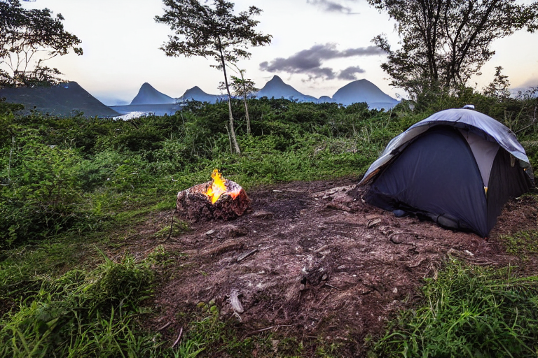 A black tent rests on a quiet dirt campsite beneath a sky full of bright stars. A warm campfire glows beside a large log, while small flowers dot the ground.