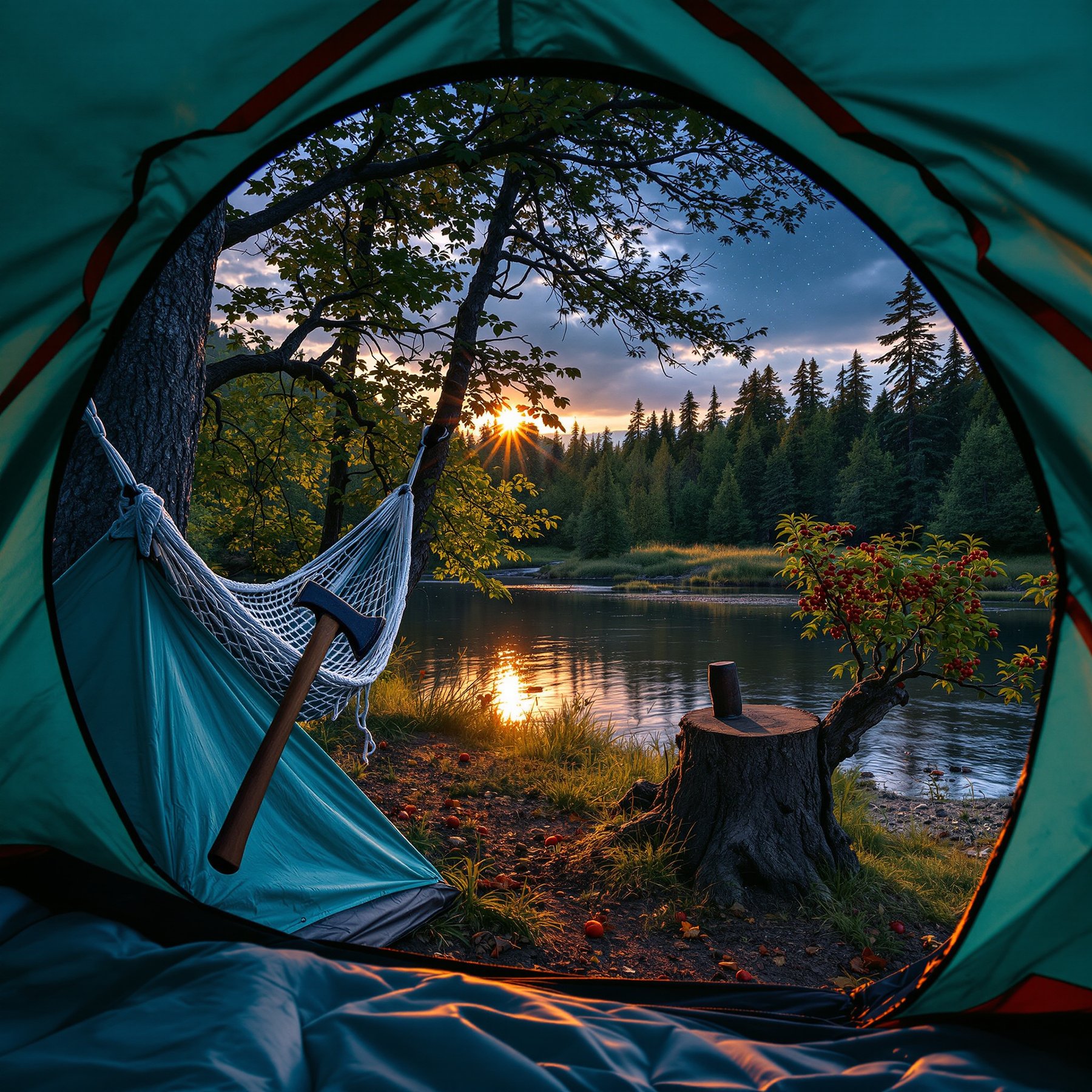 Wake up to a peaceful lake surrounded by tall green trees and a clear blue sky. A cozy hammock hangs between the trees, perfect for relaxing. The bright sun sparkles on the water, making this campsite feel magical and calm.