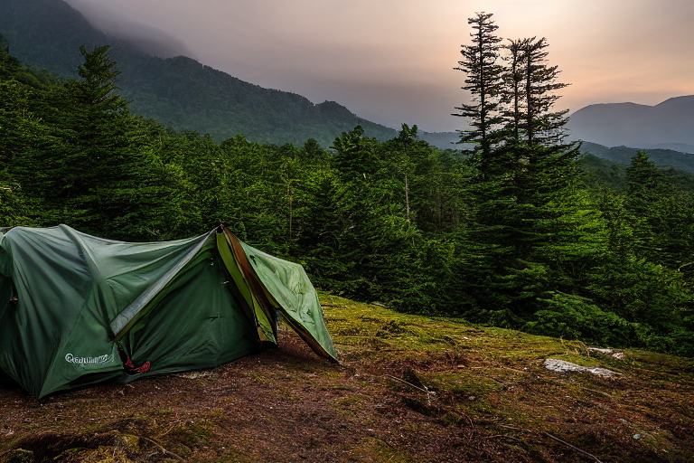 A green camo tent rests in a quiet campsite beneath the Smoky Mountains. Rainy clouds glow with sunset light, while a car and passing hikers add life to the scene.