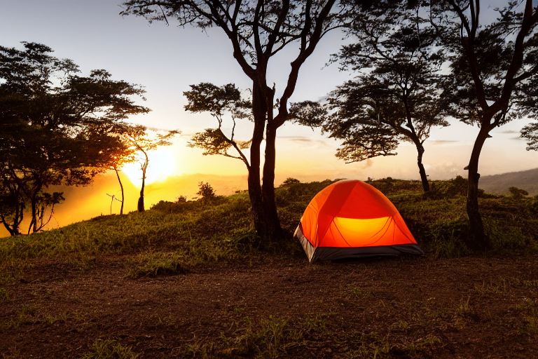 A gray and orange tent rests beside a dirt patch at a quiet Hawaiian campsite. Tall trees, wild grass, and rocky ground surround the site, while misty hills fade into the warm sunset.