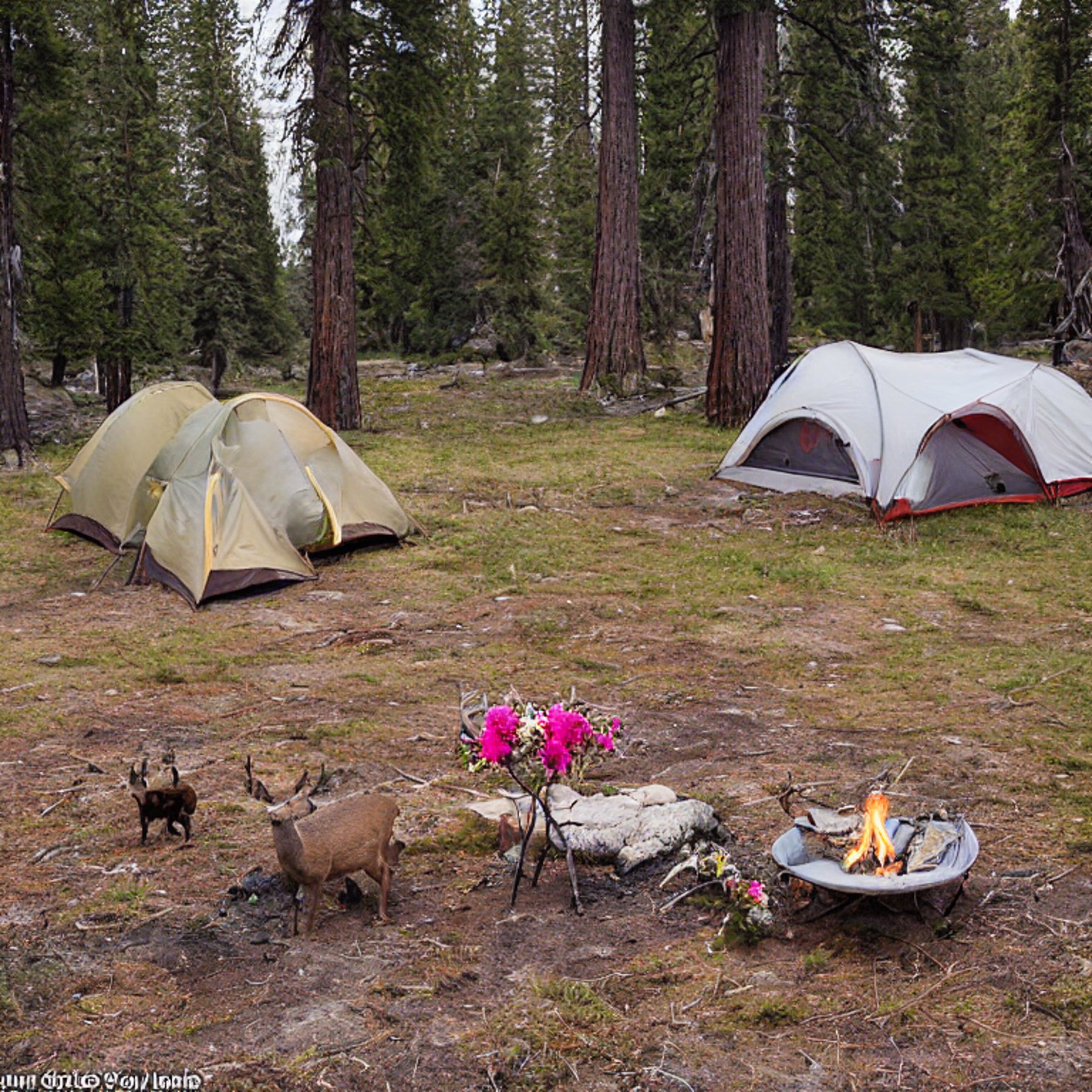 A colorful tent sits beside a warm campfire in Yosemite as rain falls at sunset. Camping chairs rest on a dirt patch, with flowers and a twig nearby. A deer stands quietly in the distance.
