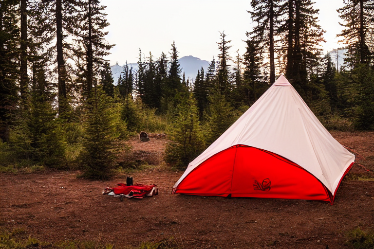 A red and white tent rests on a quiet dirt campsite in Washington State. Small trees and berry bushes surround the sunny spot, while birds fly across the warm sunset sky. A nearby parking space makes this peaceful camp easy to reach.