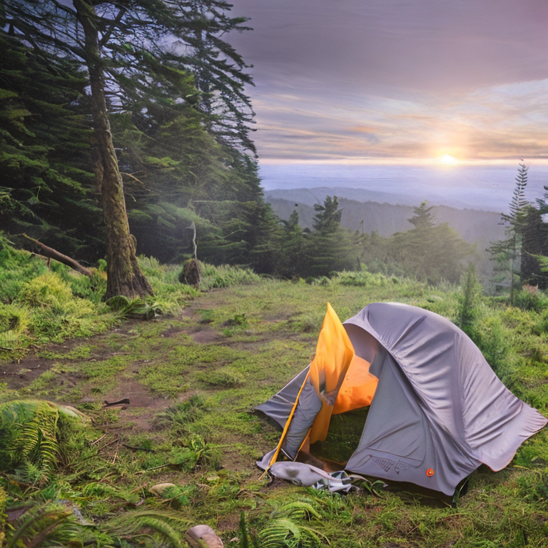 A green tent rests on a rough mountain campsite, surrounded by ferns and a warm campfire. Golden light shines through the cloudy sky, with a pale moon in the distance and surfers far beyond.