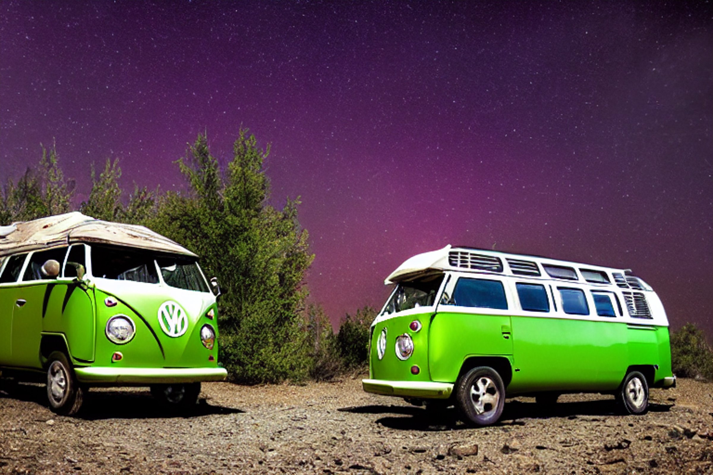 A forest green campervan rests in a quiet dirt campsite beneath glowing northern lights. Tall trees, wildflowers, and scattered stones surround the snowy ground, creating a magical nighttime scene.