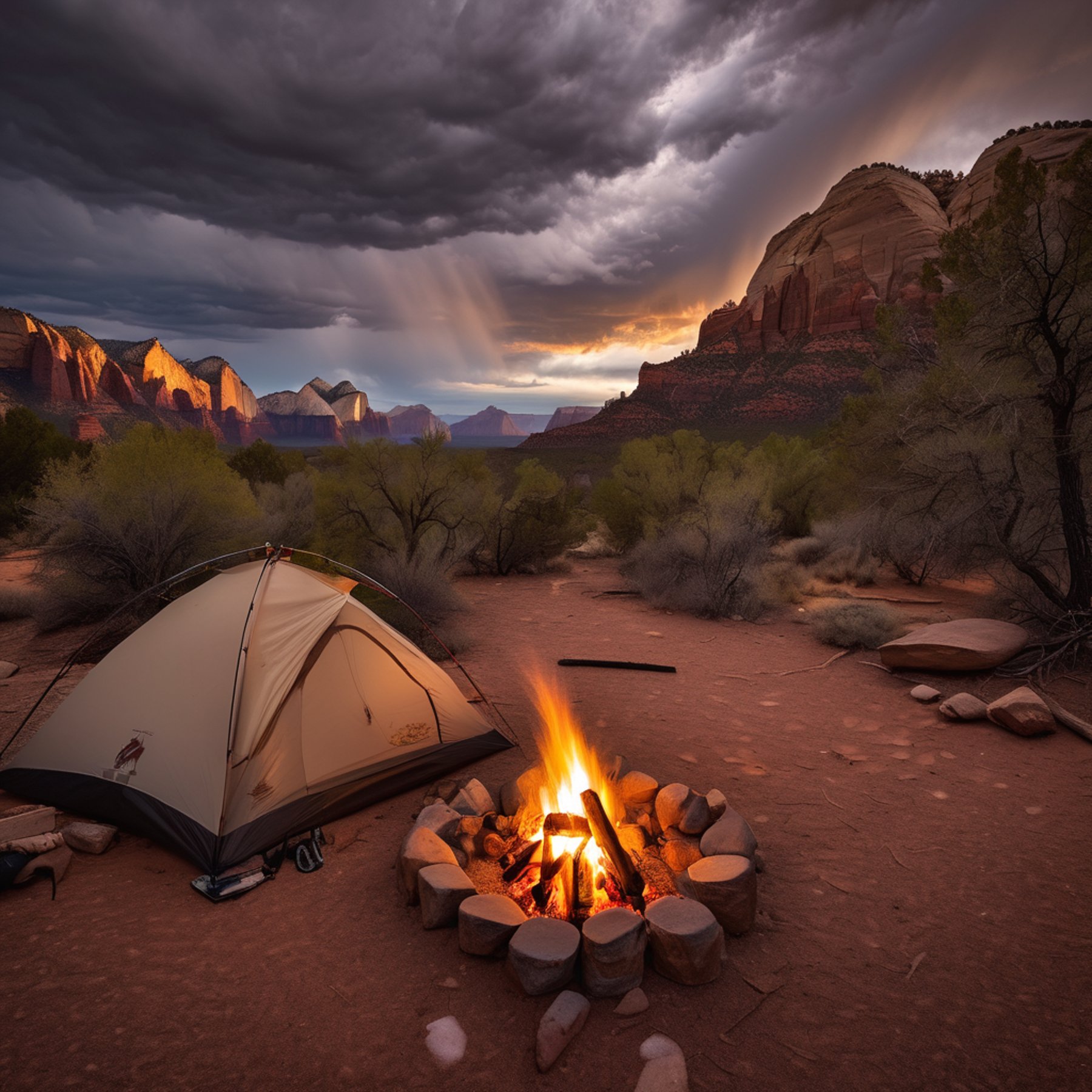 A cozy tent rests among the red cliffs of Zion National Park as snow swirls through the air. A campfire warms roasting marshmallows, with a guitar, camping gear, and a winding dirt path nearby.