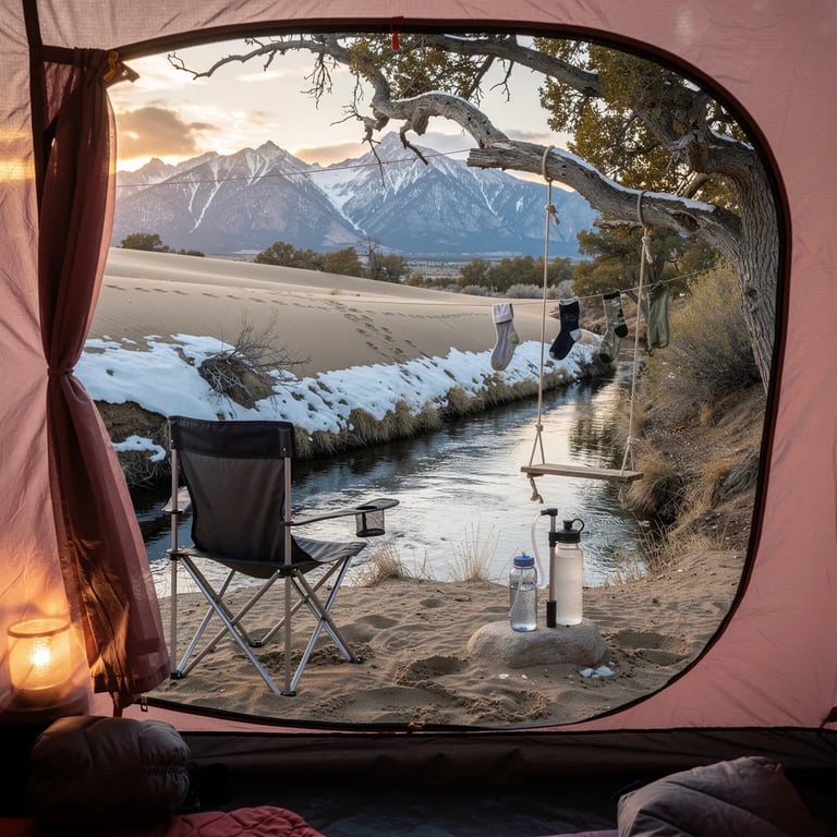 A dusty-rose tent sits by a narrow creek at the edge of the tall sand dunes, with a few snowy patches hiding in the shade. The sun is low and golden, and the far mountains glow while cool blue shadows stretch across the sand. A clothesline with damp socks, a small chair, and a rope swing on a cottonwood tree make the camp feel cozy and lived-in. Near the water, a simple pump filter and bottles rest on a flat rock, ready for the night.