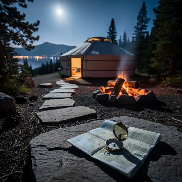 A cool, moonlit campsite sits on rocky ground above dark pine trees, with a soft glow on the far horizon. A slate-gray yurt shines warmly from inside, and a small campfire flickers in a stone ring nearby. Flat stone slabs make a rough path, and a folded map with a brass compass rests in the foreground.