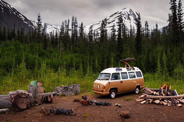 A brown camper van rests in a quiet Alaskan campsite at sunrise. A warm campfire glows among the logs, with rocky ground and boulders all around. Misty mountains rise in the cloudy distance.