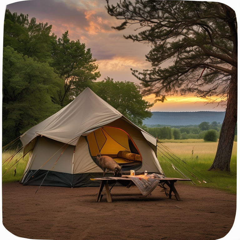 A cozy tent rests on a dirt campsite beneath a cloudy sunset sky. A picnic table and hammock sit among the trees, while a deer wanders in the distance. A mountain rises softly in the background.