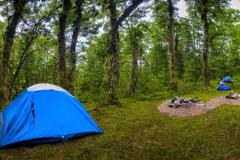 A blue tent rests on a quiet paved campsite beneath a clear night sky. Mossy trees, berry bushes, and a large rock surround the dirt clearing, while a box of camping gear sits nearby.