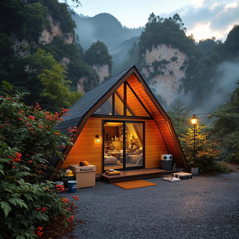 A colorful lean-to shelter rests among ferns and berry bushes in Zhangjiajie, China. Camping gear sits nearby as golden light shines through the stormy sky. Seen from above, the campsite feels wild, peaceful, and adventurous.