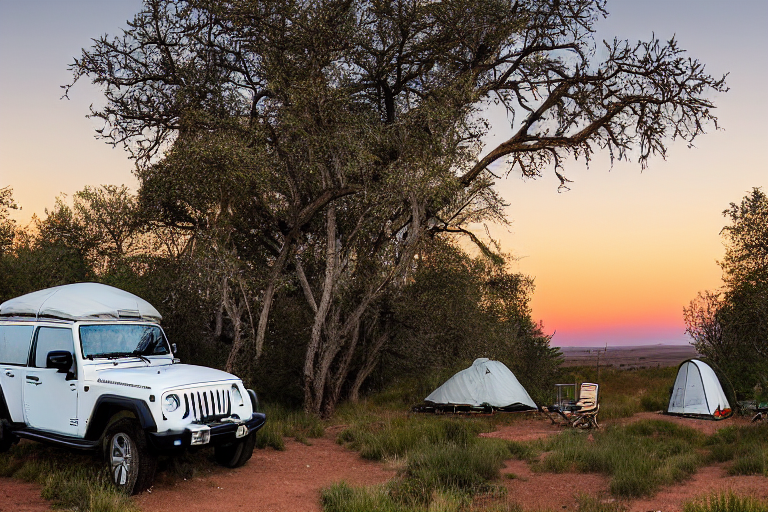 A white Jeep with a rooftop tent rests beside a small campfire on a dirt clearing. Tall, mossy trees surround the site, while a winding path leads toward the cloudy Monument Valley landscape. A pale moon hangs quietly in the sky.