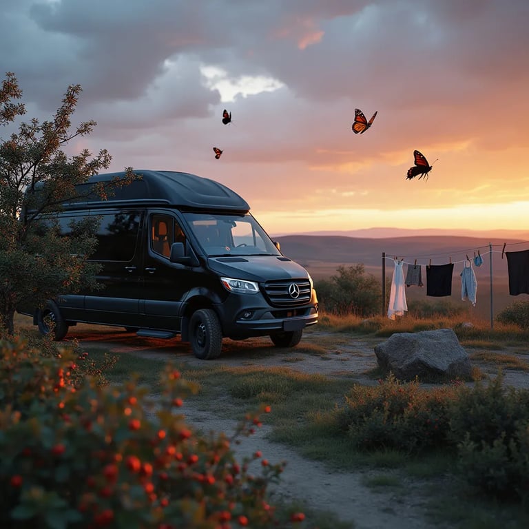 A black camper van rests on the open Idaho plains beneath a golden sky. A dirt path winds past berry bushes, hanging clothes, and a small outdoor shower. Butterflies flutter around the cozy campsite as hail falls in the distance.
