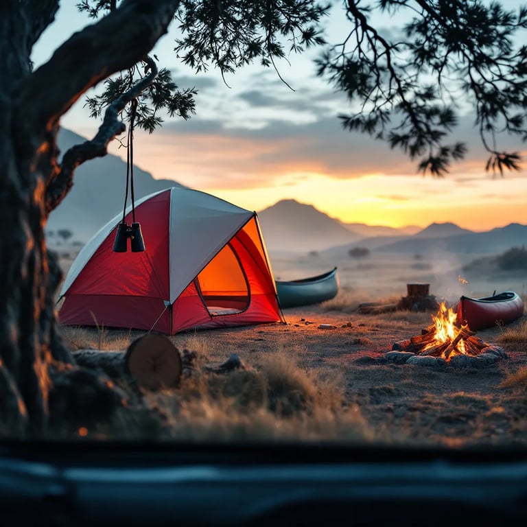 A red-and-white tent rests in a quiet desert under a glowing sunset. A canoe and wooden log sit near the campfire, while binoculars hang from a tree branch. Mist and dew give the campsite a cool, peaceful feel.