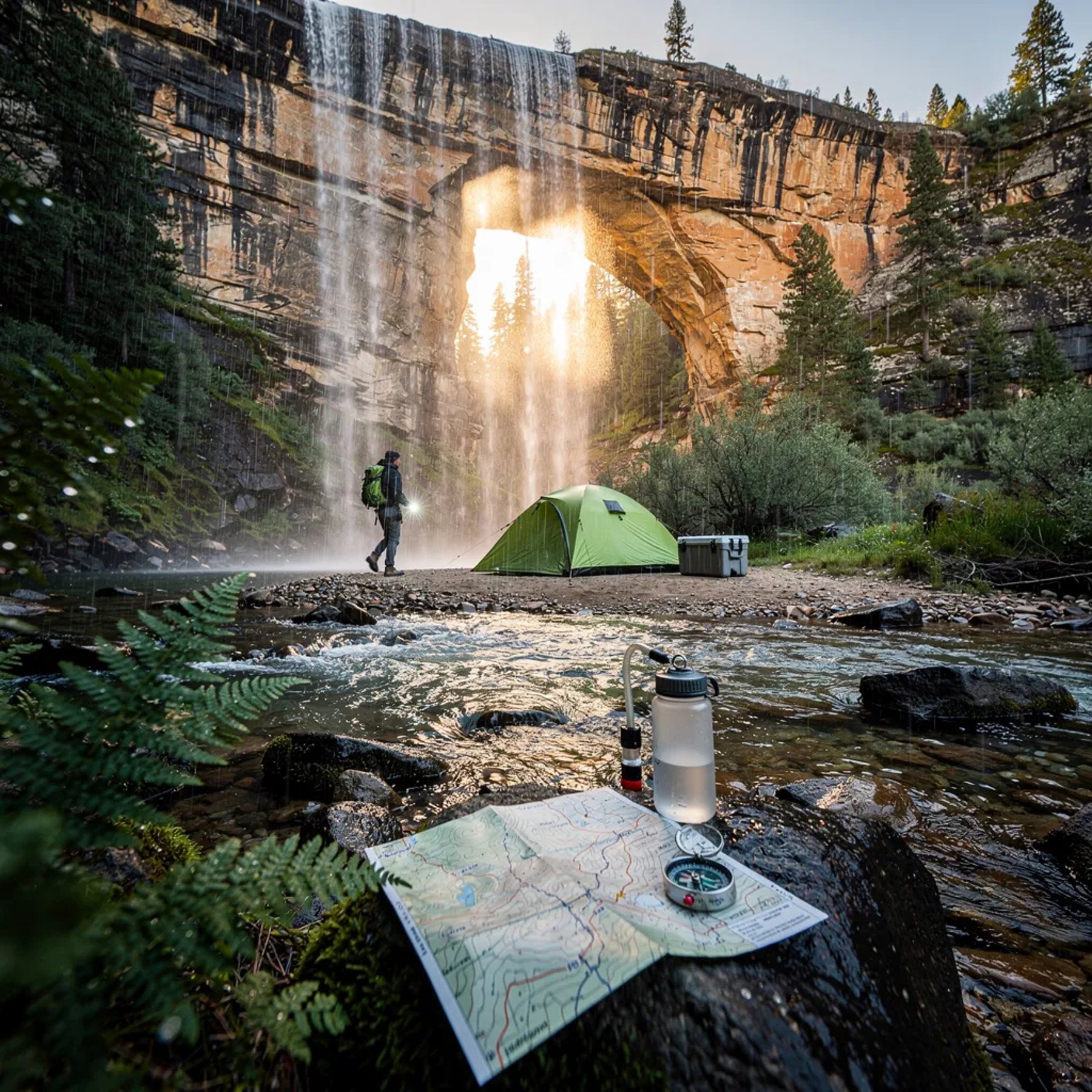 A misty waterfall splashes over wet rocks and bright ferns, opening onto a quiet camp by a shallow stream. A lime-green tent sits in the warm sunset light beneath a huge sandstone arch. A map and compass rest on a rock, and a cooler and water gear wait by the water. In the distance, a lone hiker walks in with a small flashlight glowing.