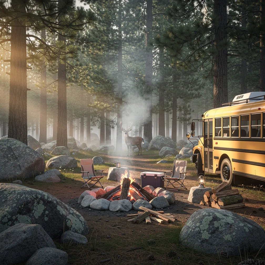 A quiet pine forest opens into a misty clearing by the lake, with big granite rocks all around. Warm late-day sunlight slips through the trees and makes the air glow. A mustard-yellow bus sits near the edge while a stone fire crackles in the middle. Far back in the shadows, a mule deer watches from the treeline.