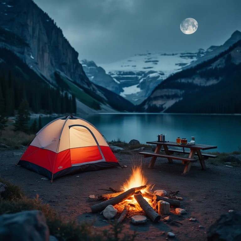 A red and white tent rests in the dirt beneath a hazy night sky in Banff National Park. A crescent moon glows above the campsite, while a warm campfire burns beside a picnic table with a small camping stove.