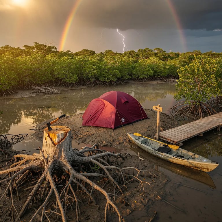 A burgundy tent sits on a tiny dry patch in a mangrove swamp, surrounded by muddy water and twisting roots. Warm sunset light glows on a kayak pulled up on the bank and an axe stuck in a weathered stump. Dark storm clouds hang far away, with a faint rainbow and a flash of lightning on the horizon. A narrow boardwalk and a wooden trail marker lead into the wild, quiet wetland.