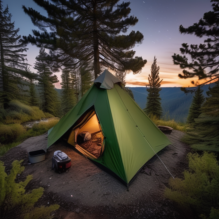 A green tent rests on a mountain campsite beneath tall trees and falling snow. A warm campfire glows beside a dirt clearing, while a small stream winds through the tall grass.
