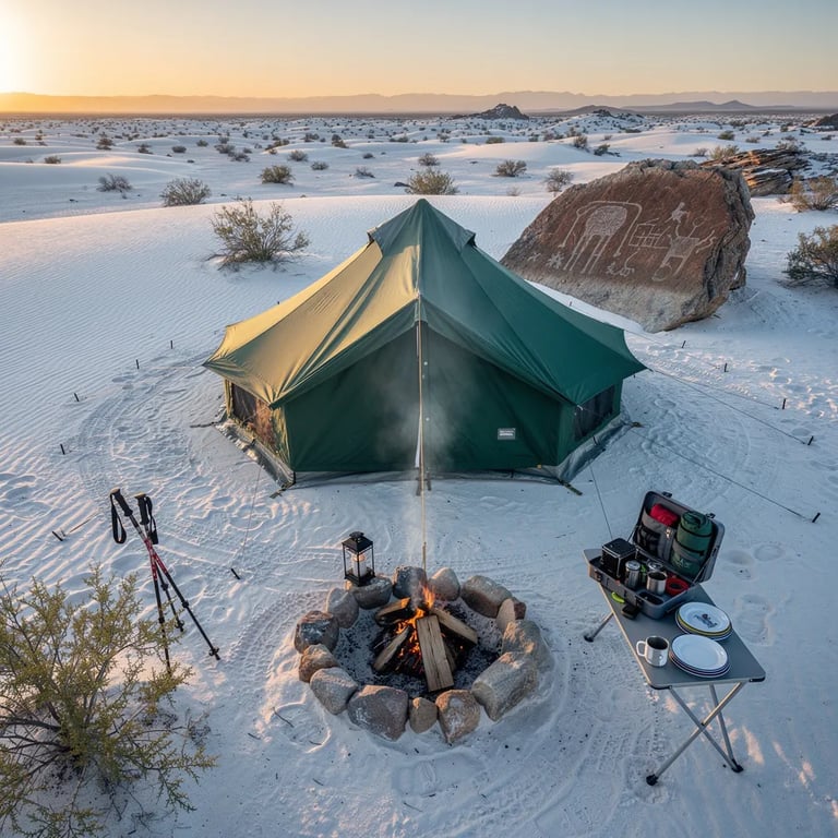 Soft white sand dunes stretch out in the cool sunrise light, with small desert plants dotting the ground. A green bell tent sits beside a stone fire ring where warm embers still glow. Nearby, camping gear is neatly laid out, and a rocky spot with old carvings adds a quiet, mysterious feel.