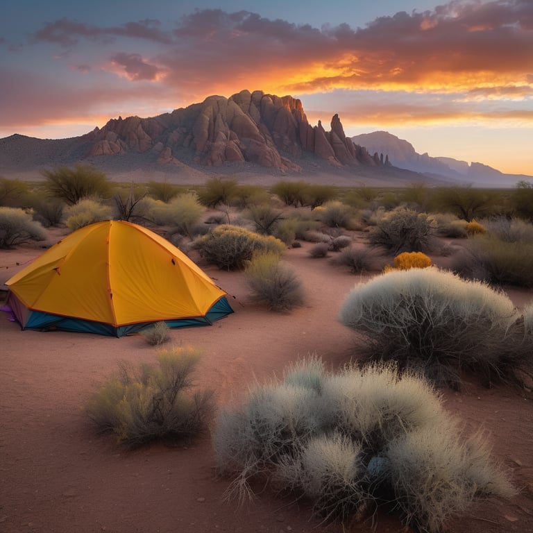 A colorful tent rests among desert bushes and smooth boulders in New Mexico. A dusty path leads toward misty mountains glowing in the soft evening light.