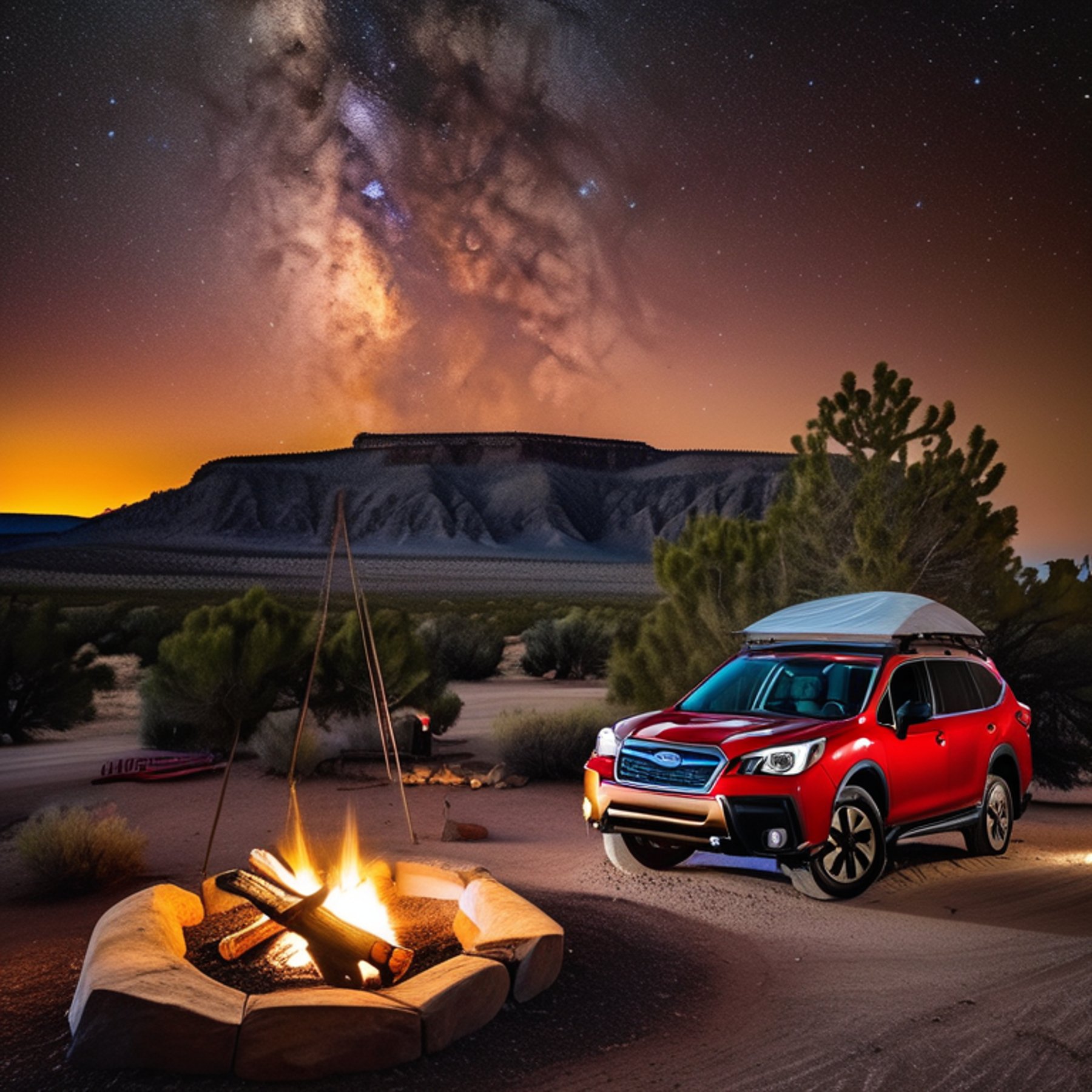 A red Subaru with its rooftop tent open rests at a quiet desert campsite beneath a sky full of stars. A warm campfire glows beside large stone slabs, while a hammock hangs from a nearby tree. Dark mountains rise in the distance.