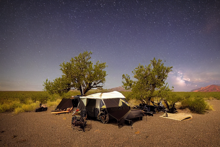 A black Subaru with a rooftop tent rests beside a quiet stream in the gravel of Death Valley. At dusk, birds cross the sunny sky while a wooden guitar and berry-covered bush add a cozy touch to the campsite.