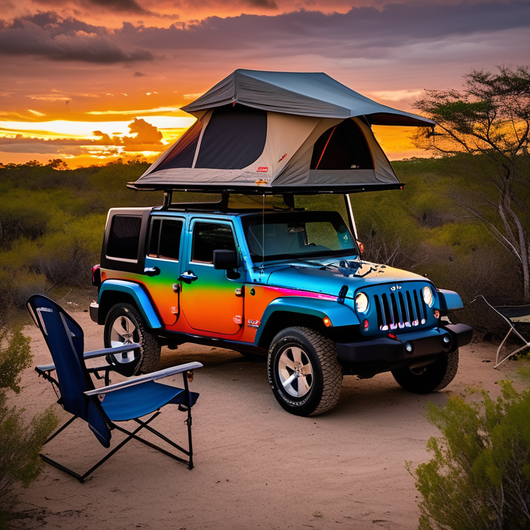 A colorful Jeep with a rooftop tent rests in a quiet campsite surrounded by thick green bushes. A warm campfire glows beside the dirt clearing, with camping chairs nearby. Soft sunset light shines under the cloudy sky.