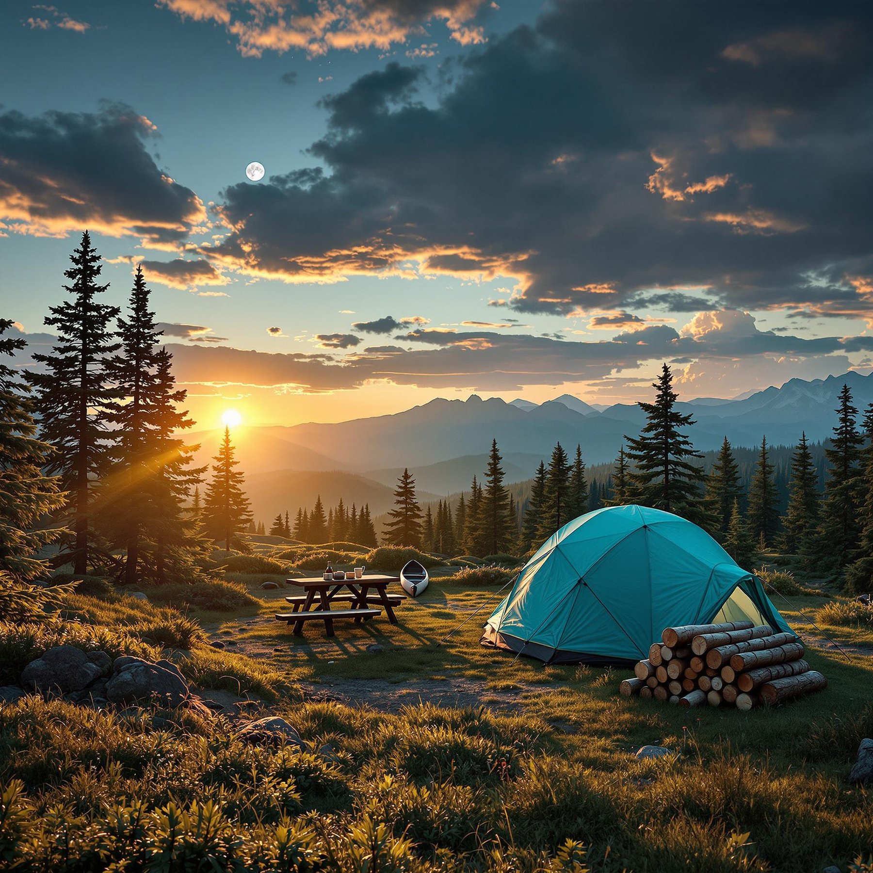 A turquoise tent rests in a mountain meadow as sunset light shines through the trees. A canoe, picnic table, firewood, and campfire sit nearby, with storm clouds and a pale moon overhead.