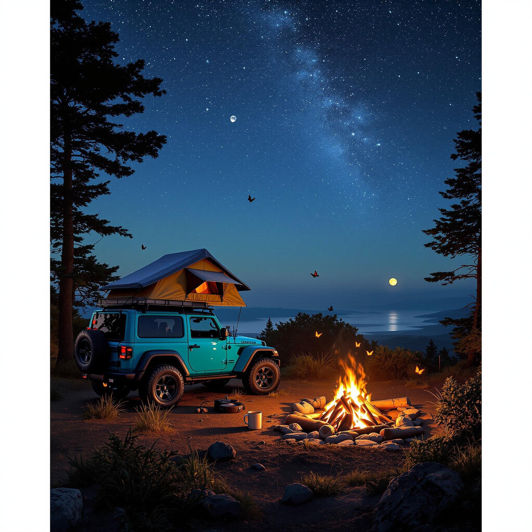 A bright campfire glows beside a blue jeep under a starry night sky. The tent on top of the car looks cozy and fun. You can see the moon and ocean in the distance, making it a magical place to camp.