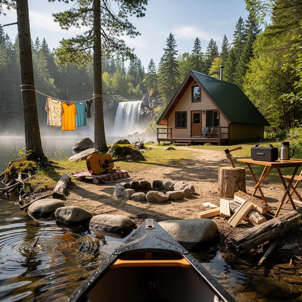 A quiet campsite sits by a calm lake, with a misty waterfall pouring into the inlet. A beige A-frame cabin rests back in the trees, and shirts and towels sway on a clothesline between tall pines. By the fire ring, a guitar lies on a blanket, and an axe sticks in a chopping stump while a canoe noses up to the shore. The late-morning sun makes everything feel fresh and peaceful.
