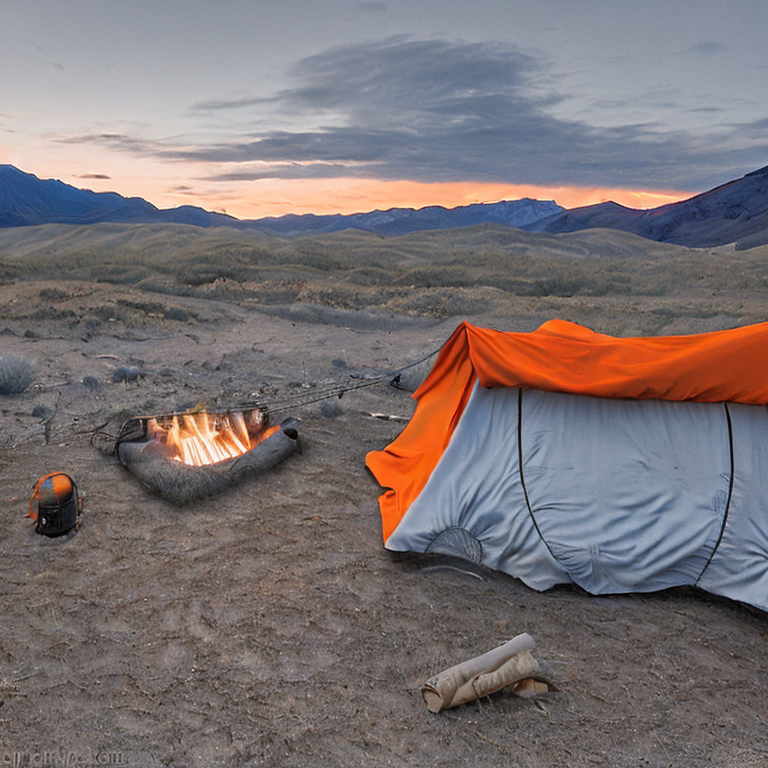A gray and orange tent rests in a quiet Death Valley campsite beneath a snowy night sky. A warm campfire glows beside the dirt path, with logs, tall grass, and clothes hanging on a line nearby.