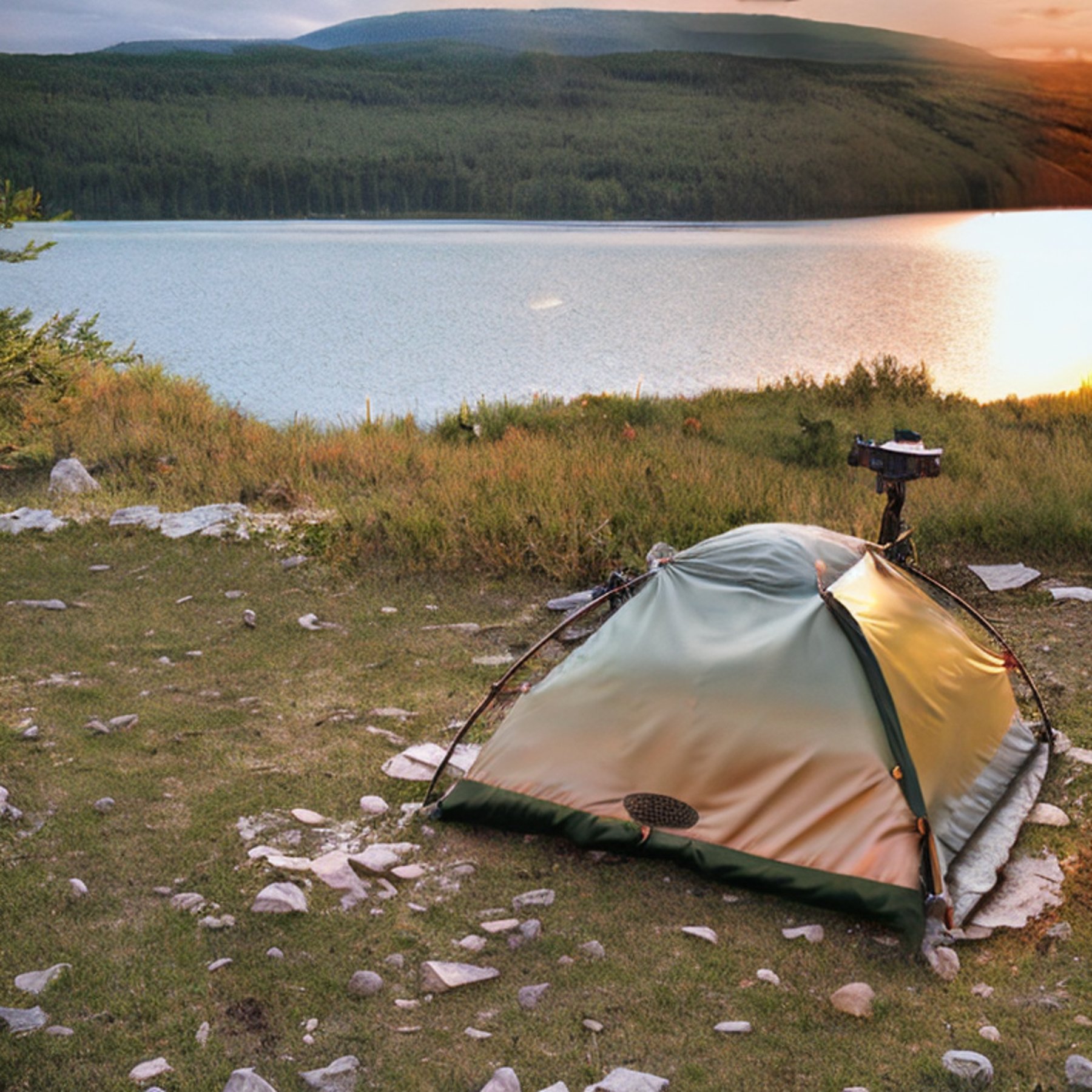 A green camo tent rests beside a warm campfire near a quiet lake. Stormy clouds gather over the mountains and rolling hills as the sun sets. A wooden guitar lies on the stony ground nearby.
