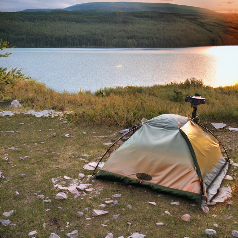 A green camo tent rests beside a warm campfire near a quiet lake. Stormy clouds gather over the mountains and rolling hills as the sun sets. A wooden guitar lies on the stony ground nearby.