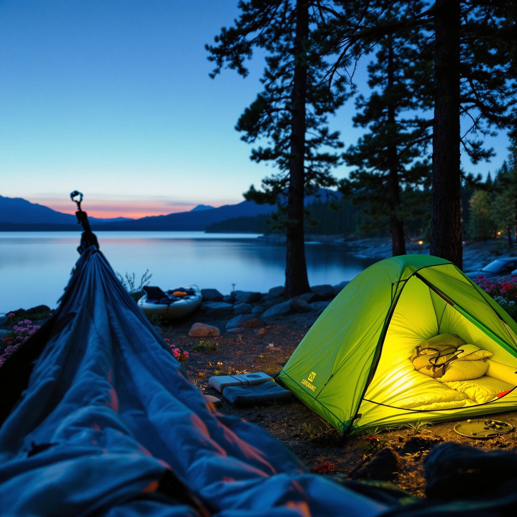 A cozy campsite by the shimmering lake glows under the soft, colorful sunset. The tent is warm and inviting, nestled among towering trees. Nearby, a hammock sways gently, perfect for stargazing later.