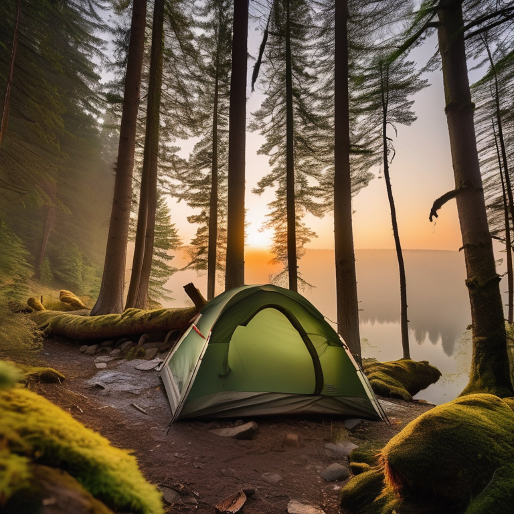 A green tent rests beside a warm campfire near a quiet river. Mossy trees, rocky ground, and a backpack give the campsite a wild, rugged feel. Soft fog and sunset light create a peaceful mood.