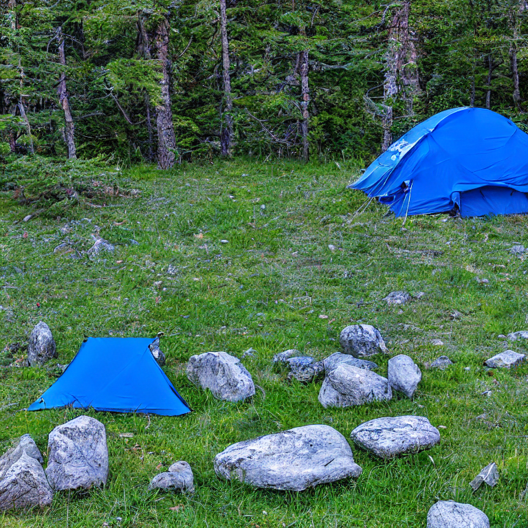 A bright blue tent rests beside a bubbling creek under a clear night sky. A warm campfire glows in the dirt clearing, surrounded by boulders and broad stone slabs. Small trees and a picnic table make this peaceful campsite feel cozy and inviting.